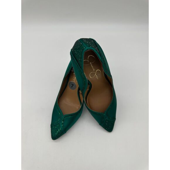 Jessica Simpsons Hells 4” Sz 7 Pointy Toe w/ Bedazzle Accent Sateen Finish - Picture 1 of 10